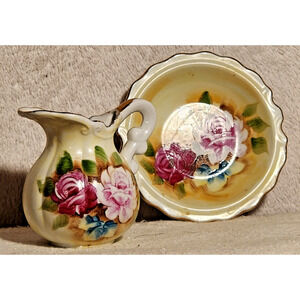 Vintage Hand Painted Floral Mini Pitcher & Bowl Set Japan Ceramic Cottage Decor